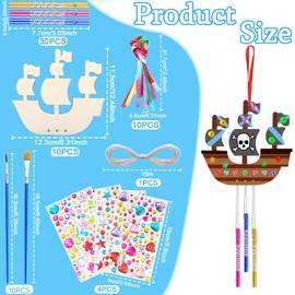 Anvin Wood Wind Chime Make Your Own Chimes 10 Pack Pirate Ship Ornaments Wooden Chime Kits with Gem Diamond Stickers for DIY Arts and Crafts Kids Birthday Party Gift Making Children Craft Fun