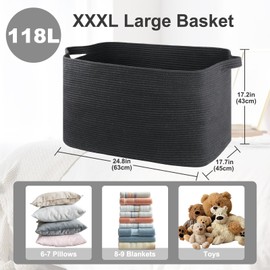 OIASKET 118L Extra Large Blanket Basket, 24.8" x 17.7" x 17.2" Woven Storage Basket for Living Room, Nursery Blanket Storage, Rectangle Storage Basket for Toys, Towels, Dirty Clothes Basket (Black)