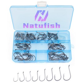Natufish Octopus Hooks Saltwater Kit 8 Sizes Barbed Beak Fishing Hooks Offset/Upturned Eye/High Carbon Steel for Fishing Rigs Catfish 100Pcs