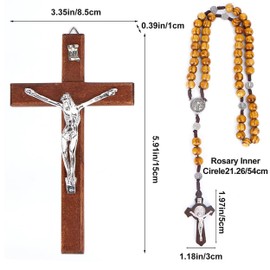 2 Piece Crucifix Cross Set, Jesus Cross Wooden Cross Necklace, Wall Cross and Chest Pendant, Combined with Wooden Rosary, Perfect for Catholic Home Decoration, Prayers and Spiritual Contemplation