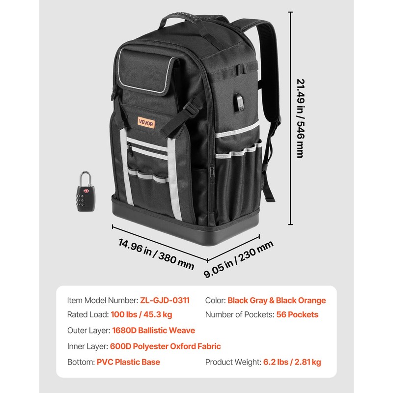VEVOR Tool Backpack, 56 Pockets, Heavy-duty Tools Storage Organizer Bags