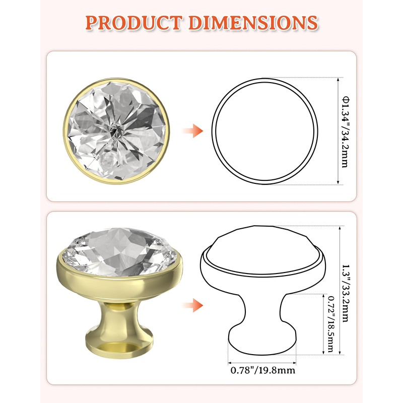 FURNIWARE Pack of 10 Furniture Knobs, Crystal, Cupboard Knobs, Gold,