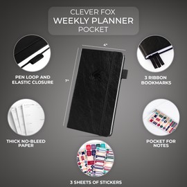 Clever Fox - Planificador de bolsillo semanal - Planificador y calendario mensual sin fecha, mini planificador perfecto para bolso, 3.7 x 6.7 pulgadas (negro)