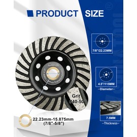 SHDIATOOL 4-1/2 Inch Turbo Row Diamond Grinding Cup Wheel for Concrete Granite Marble Masonry Brick Fits 7/8 Inch Arbor