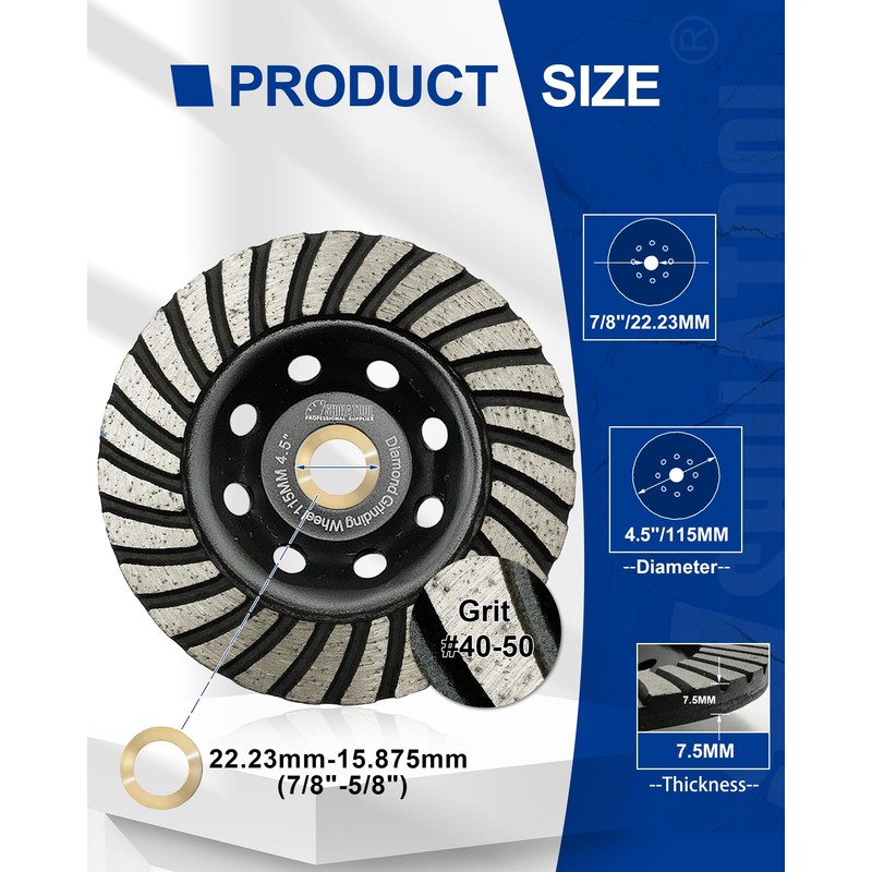 SHDIATOOL 4-1/2 Inch Turbo Row Diamond Grinding Cup Wheel for