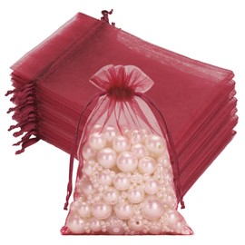 joycraft 50Pcs Burgundy Organza Bags - 4x6 In Holiday Drawstring Mesh Pouch, Sheer Party Favor Bags for DIY Craft, Christmas Gift, Jewelry Packaging, Wedding Favor