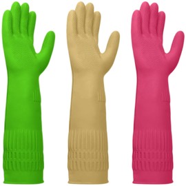 AinuScinsYoe Reusable Rubber Cleaning Gloves - Waterproof, Non-Slip 15" Long Cuff Kitchen Gloves for Dishwashing, 3 Pairs (Yellow, Red, Green), Large