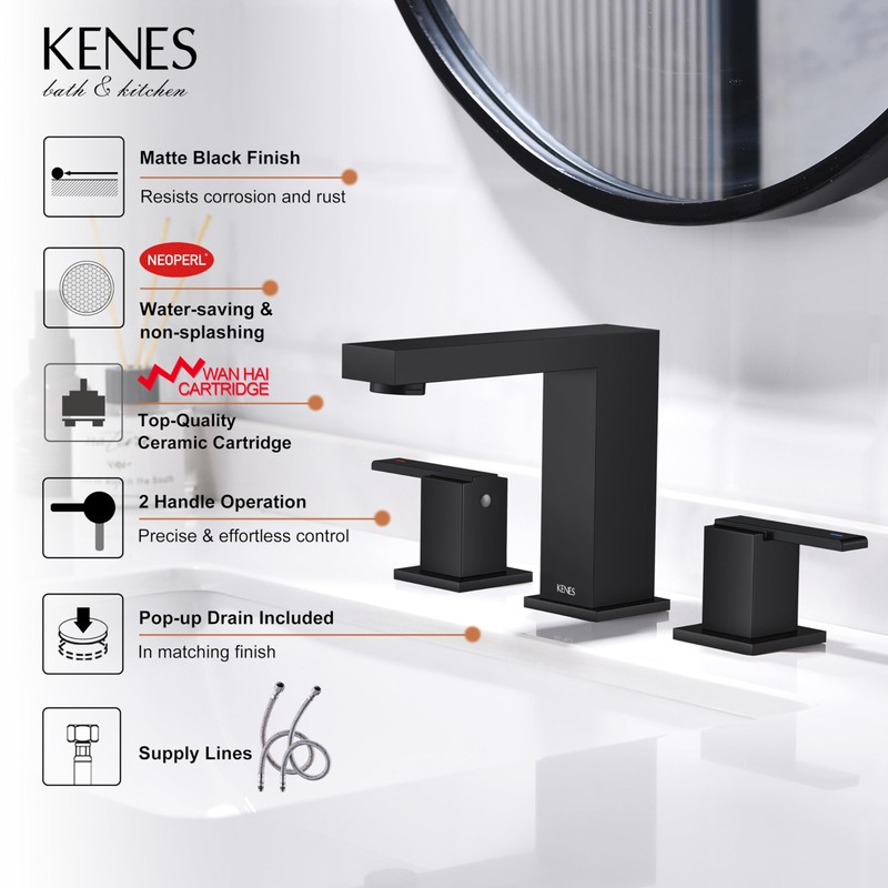 KENES Black Widespread Bathroom Faucet 3 Hole Bathroom Sink Faucet