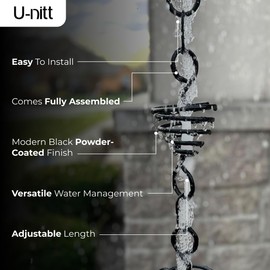 U-nitt Rain Chains, Roof Gutter Downspout Channel, Rainwater Catcher/Diverter, 8.5 FT, Metal, Black Powder Coated, Coiled Bird Nest, Modern, 6005BLK