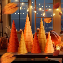 6 Pcs 12" 10" 6" Fall Autumn Christmas Trees Decor Indoor 3D Mini Fall Velvet Cone Trees Tabletop Centerpieces for Thanksgiving Harvest Kitchen Mantle Home Wedding Party Decoration