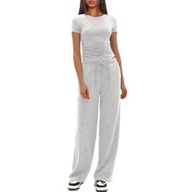 Darong 2 Piece Outfits For Women Casual Tracksuit Short Sleeve Tops And Wide Leg Long Pants Matching Lounge Sets 9087A White Grey L