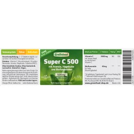 Super Vegan C – 500 mg Vitamin C, Hochdosiert Tablets with Rose Hips and Bioflavonoids Acerola – Strengthens the Immune System, Anti Ageing. No Artificial Additives. GM Free. Vegan., , ,
