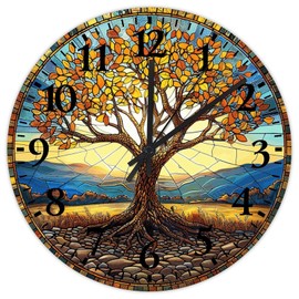 15 Inch Silent Non-Ticking Wood Wall Clocks Battery Operated Tree of Life Stained Glass Home Decoration for Home Big Tree Suncatcher Rustic Round Wooden Wall Clock Country for Auto Shop Restaurant