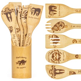 6pc Sloth Bamboo Cooking Spoons Gift Set for Women - Engraved Bamboo Kitchen Utensils with Matching Holder, Unique Sloth Gift for Birthday, Mother's Day, Christmas, Housewarming or Kitchen Decor