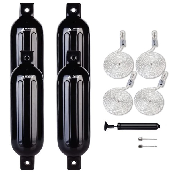 Leader Accessories Ribbed Twin Eyes Black 4.5''x16'' Boat Fender Pack of 4 Includes 3/8'' Fender Lines Pack of 4 and Pump to Inflate