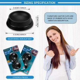 FERCAISH 4PCS Furniture Wheel Caster Cups Rubber Non-Slip Foot Mats, Strong Grip Round Floor Protectors for Crib Wheels, Furniture Table Legs (Black)