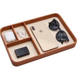 HPGJLEE PU Leather Valet Tray, Stylish and Organized Entryway Bedside Desk Tray, EDC Catchall Tray for Phone Keys Watch Wallet Jewelry (Brown)