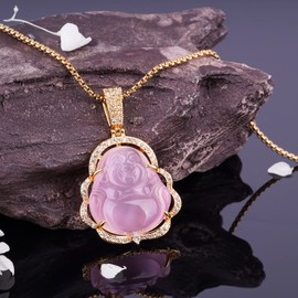 VIKCAUX Laughing Buddha Necklace Luxury Pink Buddha Pendant with 14K Gold Plated Chain Lucky Buddah Necklaces Jewelry for Women