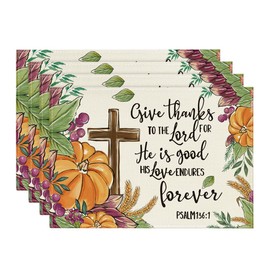 Artoid Mode Pumpkin Leaves Grapes Wheat Fall Placemats Set of 4, 12x18 Inch Seasonal Autumn Thanksgiving Table Mats for Party Kitchen Dining Decoration