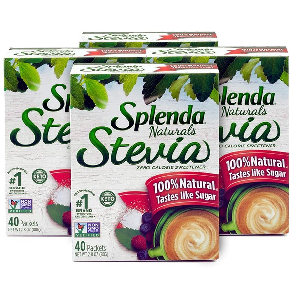SPLENDA Naturals Stevia Sweetener: No Calorie, All Natural Sugar Substitute w/ No Bitter Aftertaste. 40 ct Single Serve Granulated Packets - Pack of 4