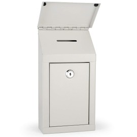 Metal Donation Box Charity Steel Collection Box Office Suggestion Box Secure Box With Top Slot and Lock with Keys Wall Mount with pre drilled holes 10x6x2.5" waterproof mailbox for Home Office(White)