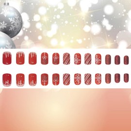 LOPMNGHT Christmas French Press on Short Square Snowflake False Nails With Pentagram Design - Winter Xmas Artificial Acrylic Full Cover Coffin Nails - Reusable Glue-On for Women