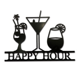 Metal Wine Cups Bar Signs Wall Hang Happy Hour Words Black Bar Accessories Set Wine Plaque for Home Vintage Drinks Sign Drink Sign Plaques for Open Pub 13.78"x10"