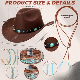 Cutecrop 5 Pcs Boho Jewelry Western Hat Set Cowboy Hat Western Belt Boho Pendant Choker Layered Bracelet Dangle Earrings