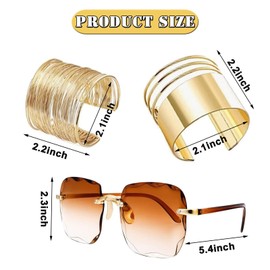 WTTUOAM 7 Pieces 70s Disco Accessories Costume Jewelry Set for Women, Rimless Diamond Cutting Sunglasses Cuff Bangle Wire Metal Coil Bracelets Layered Choker Bracelet Sequin Headband