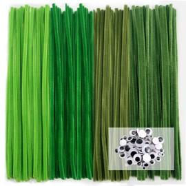 TOAOB 200pcs Pipe Cleaners Crafts Supplies Dark Green Chenille Stems Assorted Size Wiggle Googly Eyes for Craft DIY Art Supplies