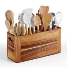 Segtenant Utensil Holder for Kitchen Counter, Extra Large Utensil Holder for Countertop with 4 Compartments Wooden Cooking Utensil Organizer for Spatula Kitchen Storage, Acacia Wood