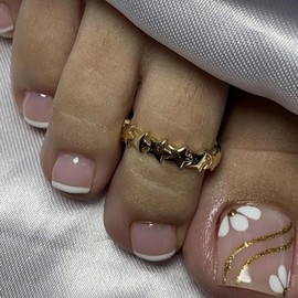Square False Toenail Short - 24Pcs French Fake Toenail - Nude Pink Press on Toenail with Flower Print Foil Stamping - Gold Foil Stick on Nails Removable Glue-on - Acrylic Full Cover Nail Art for Women