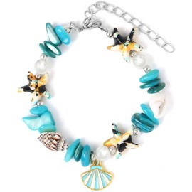 PLwelth Shell Starfish Bracelet for Women Natural Stone Turquoise Bracelet Cute Pearl Bracelets Conch Charm Bracelet Statement Summer Beach Jewelry Accessories Gifts for Holiday Vacation Party
