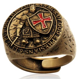 Yumikoo Bronzed Mens Rings Copper Christian Rings for Men Red Cross Knights Templar Put On The Whole Armor of God Ephesians Adjustable Unplated