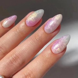 MISUD Press on Nails Medium Almond Fake Nails Glossy Glue on Nails Colorful Ombre Acrylic Nails Stiletto Artificial Nails Bling Stick on False Nails with Design 24 pcs