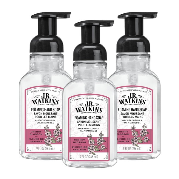 J.R. Watkins Foaming Hand Soap Pump with Dispenser, Moisturizing All Natural Foam, Alcohol-Free, Cruelty-Free, USA Made, Use as Kitchen or Bathroom Soap, Cherry Blossom, 9 fl oz, 3 Pack