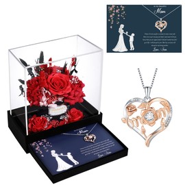 URMWMOO Mom Gifts from Son Preserved Red Rose with Mother Son Necklace Eternal Flowers Rose Mother Jewelry Birthday Gifts for Women on Mothers Day Christmas