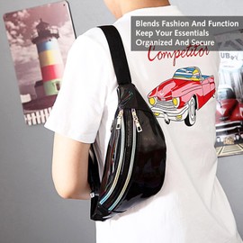 Shiny Holographic Fanny Pack,Metallic Farbe Sport wasserdicht Gürteltasche Neon Gürteltasche mit Taschen und verstellbarem Gürtel für Frauen Männer Kinder Reisen Laufen Festival Party (Schwarz)