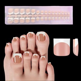 Toe Nail Press Ons, 150pcs Brown Real Square French Tip Press on Toenails for Women, Pre-Designed Soft Gel Toe Nail Tips, Soak off Acrylic Fake Toe Nail Extensions 15 Sizes