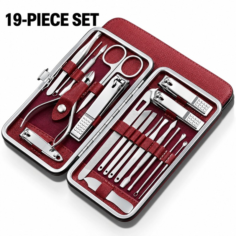 19-Piece Nail Clipper Set with Leather Case – Stainless Steel