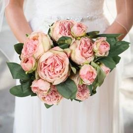 IPOPU Pink Peonies Artificial Flowers 5PCS 10heads Vintage Silk Peonies Pink Silk Flowers Fake Peonies Pink Flowers for Wedding Decoration Bride Bouquet Faux Flowers Pink Floral Arrangement (Pink)