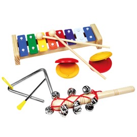 Bino world of toys Music Set Children's Music Instrument Set Wooden and Metal Toy for Children from 3 Years (4 Pieces, Includes Xylophone, Mallet, Jingstick, Triangle and Castanet), Colourful
