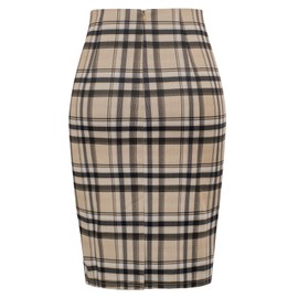 Kate Kasin Women's Checkerboard Pencil Skirt Stretchy Knee Length Elastic Waist Bodycon Skirts Checkerboard-Plaid Khaki XXL