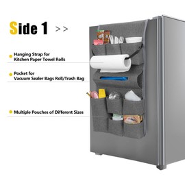 Rexmica Mini Fridge Organizer, Fridge Dust Cover with 14 Pockets for Most Household Refrigerators, Hanging Mini Fridge Caddy Organizer Storage Bag for Dorm, Office, Kitchen, Home, School, Gray