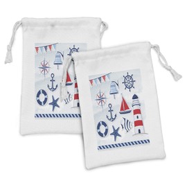 Lunarable Nautical Fabric Pouch Set of 2, Bell Summertime Theme Starfish Flags Holidays Traveling Exotic Beach, Small Drawstring Bag for Toiletries Masks and Favors, 9" x 6", Blue Red White