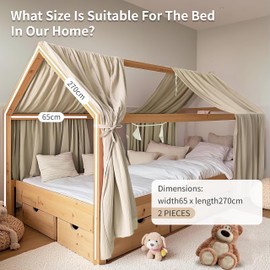 FloraVigo House Bed Canopy, Pack of 2, Handmade from 100% Cotton Muslin, Fabric Canopy for House Bed Decoration, for Girls and Boys (Set of 2, 65 x 270 cm, Light Beige)