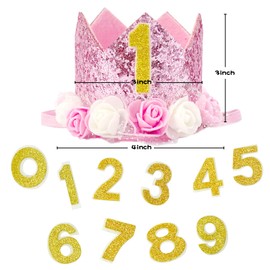 Rimobul Pet Crown Dog Birthday Hat Reusable Birthday Party Crown Girl Cat Doggie Headband Hats with 0-9 Figures Charms Gift Grooming Accessories with Glue Dots Pack of 1(Pink)