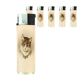 Perfection In Style Butane Refillable Electronic Lighter Set of 5 Pieces Vintage Cat Design 001