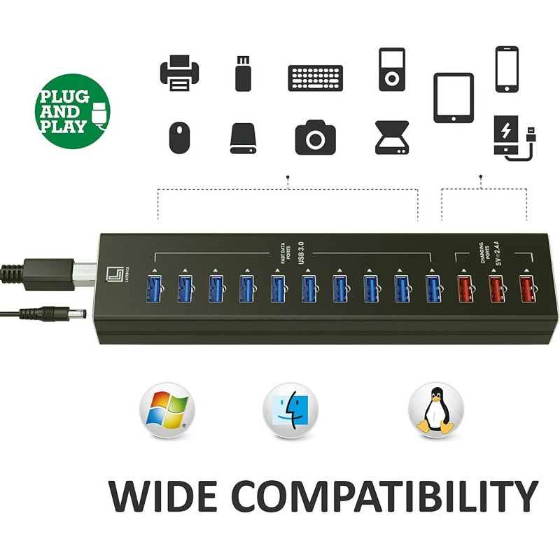 Latorice Powered USB Hub Unibody Aluminum with 10 USB 3.0