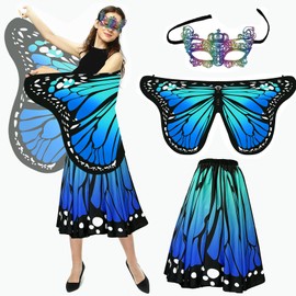 Butterfly Costume Women's Butterfly Wings Adult Carnival Costume Butterfly Costume Butterfly Cape 3-Piece Set with Colourful Mask and Skirt Fairy Costume (Blue)